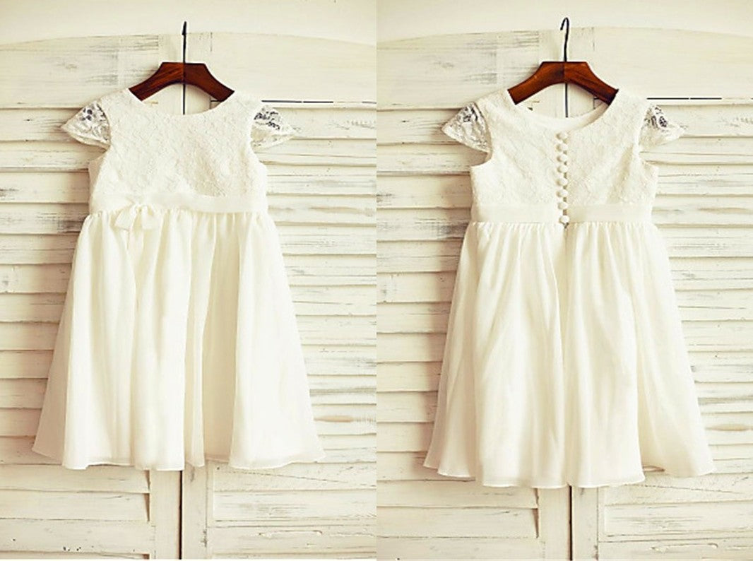 A-line/Princess Scoop Short Sleeves Lace Tea-Length Chiffon Flower Girl Dresses DEP0007809