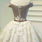 A Line Off the Shoulder Lace up Bowknot Cute Ivory Lace Homecoming Dresses JS830