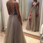 Ball Gown Grey Backless V-Neck Long Tulle Sleeveless Evening Gowns with Sparkle Slit