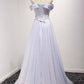Sky Blue A-Line Off-the-Shoulder Floor-Length Tulle Prom Dresses with Appliques Lace JS955