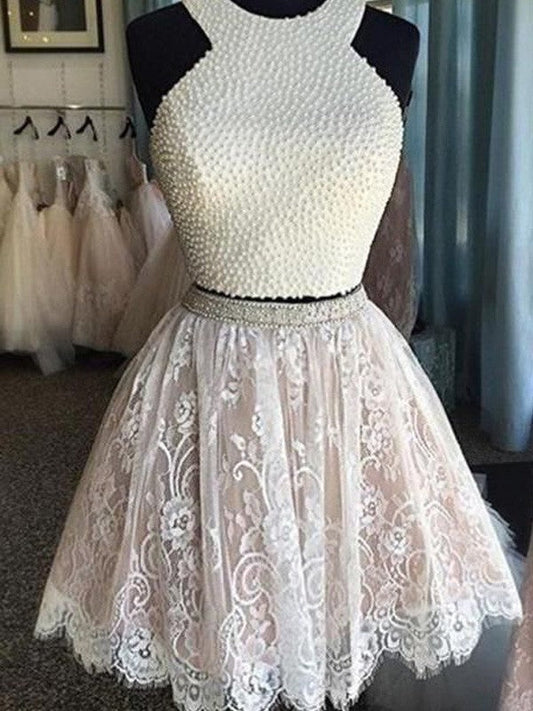 A-Line Princess Sleeveless Halter Homecoming Dresses Annie Lace Pearls Short Two Piece