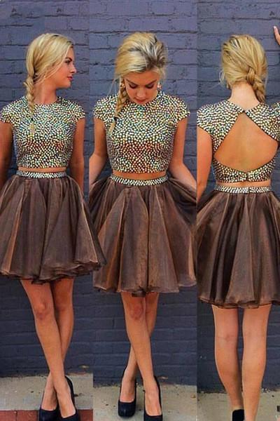 Stylish 2 Piece Jewel Cap Sleeves Short Chocolate Homecoming Dress with Beading Open Back JS397