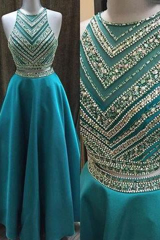 Two Pieces Beaded Crew Neck Prom Dress-Zipper-up Satin Long Prom Dresses JS842