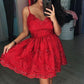 A Line Red V Neck Lace Appliques Spaghetti Straps Beads Short Homecoming Dresses JS813
