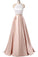 Simple Two Pieces Pink Halter Long Sleeveless Pleated Backless A-Line Prom Dresses UK JS366