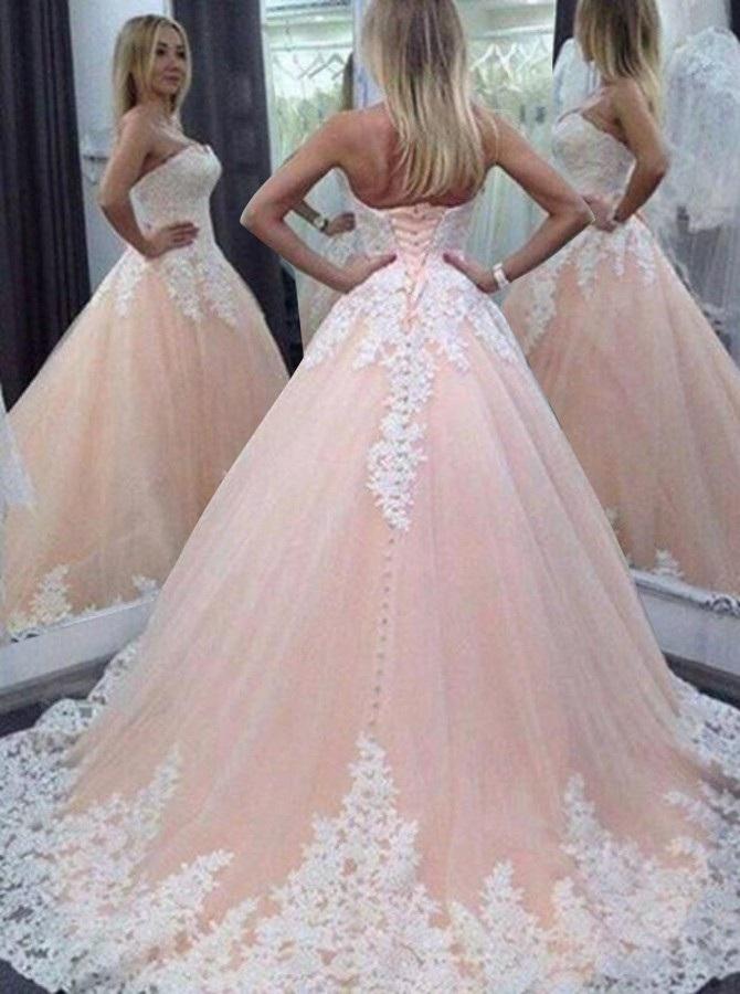 Stunning Sweetheart Floor-Length Appliques Lace up Strapless Ball Gown Tulle Wedding Dress JS614