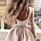 A Line High Neck Long Sleeve Pleats Open Back Satin Short Homecoming Dresses with Lace JS07