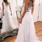 Sweep train A-line Ivory Lace V-neck Appliques Sleeveless Evening Dress Prom Dresses JS849