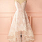 A-Line Ivory V-Neck Lace Spaghetti Straps High Low Open Back Homecoming Dresses JS517