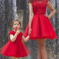 A line Red Cap Sleeves Tulle Lace High Neck Above Knee Open Back Homecoming Dresses JS903