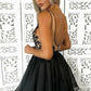 A-Line Straps Backless Short Black Chiffon Open Back Lace Pleats Homecoming Dress JS799