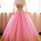 Ball Gown Long Sleeve Gold Rose Red Tulle Round Neck Lace up Prom Quinceanera Dresses JS147