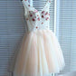 A line V Neck Seam Beads Appliques Tulle Lace up Pink Short Homecoming Dresses JS01